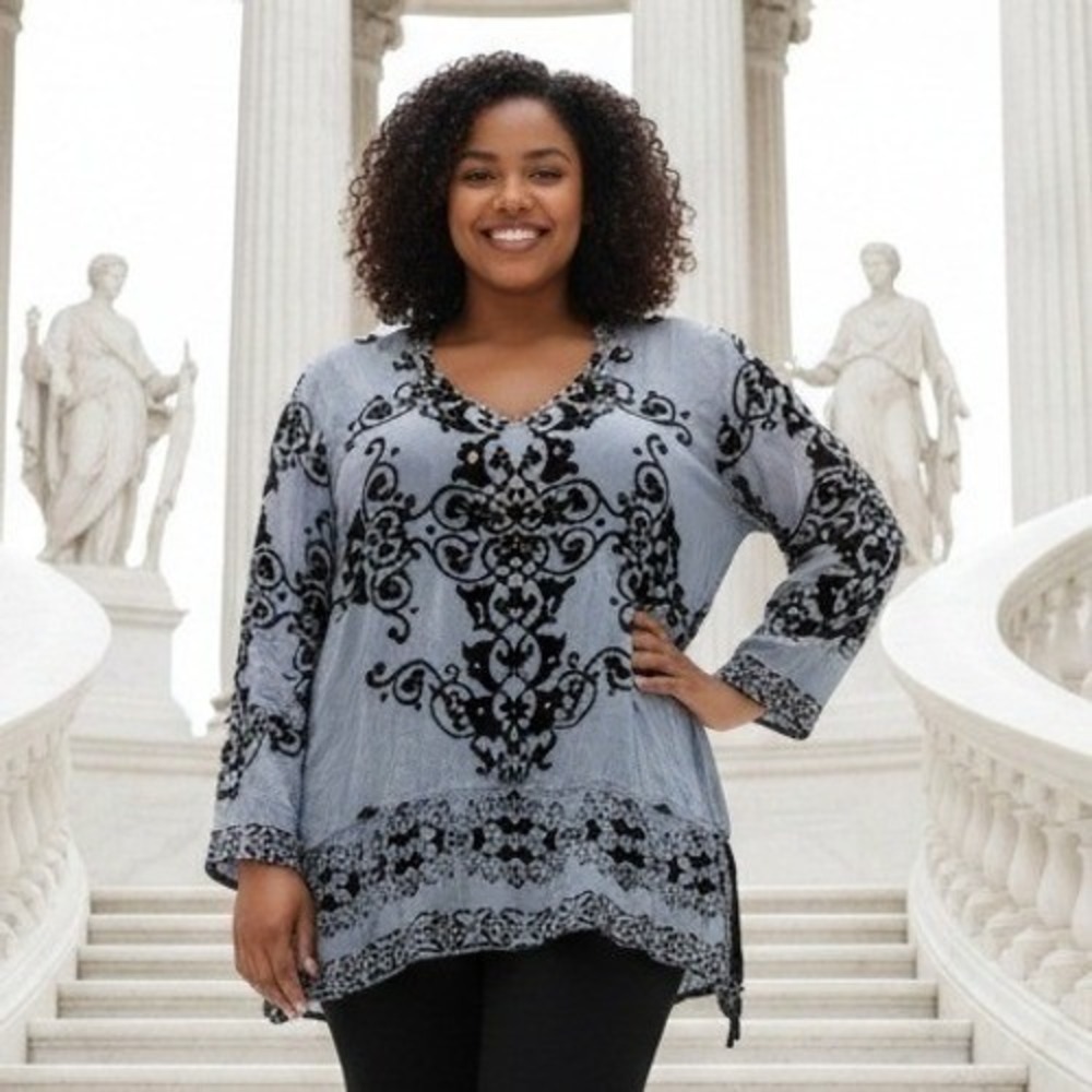 Hale‎ Bob M Silk Blend Velvet Burnout Beaded Tunic Top Gray Black Boho Fairycore
